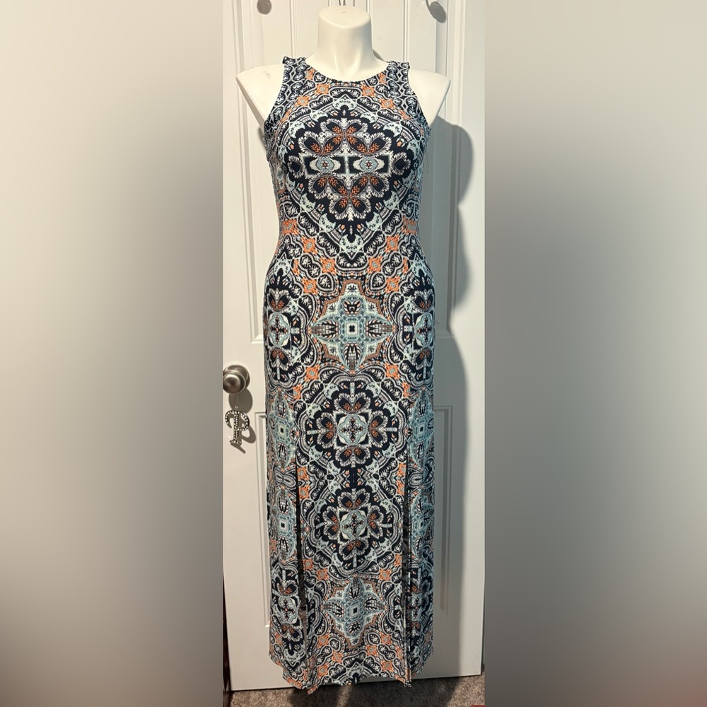 NEW London Times Navy Blue and Orange Sleeveless Maxi Dress
